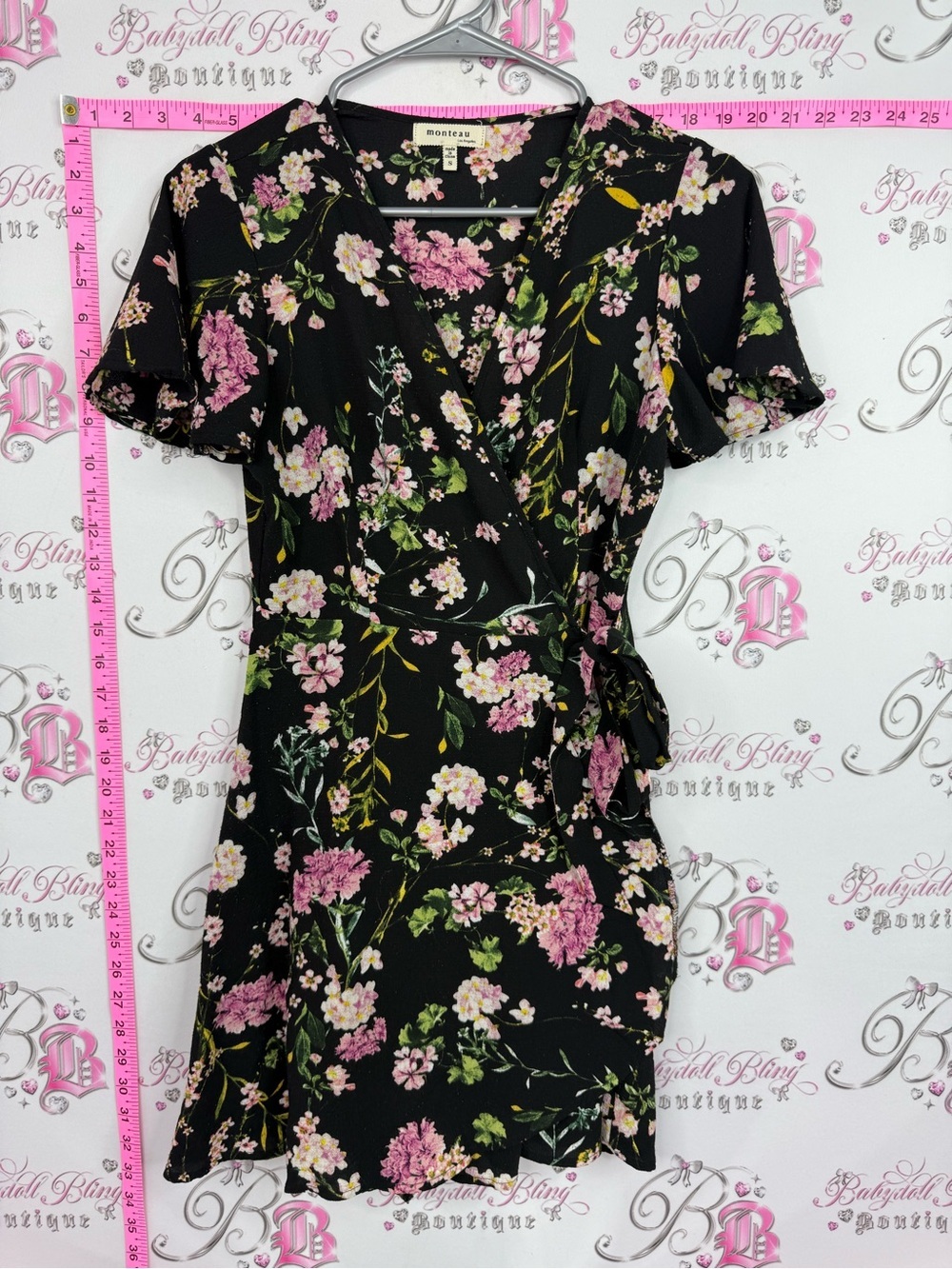 Monteau LA dress Black Floral Wrap Mini Dress with Pink and Green Blooms